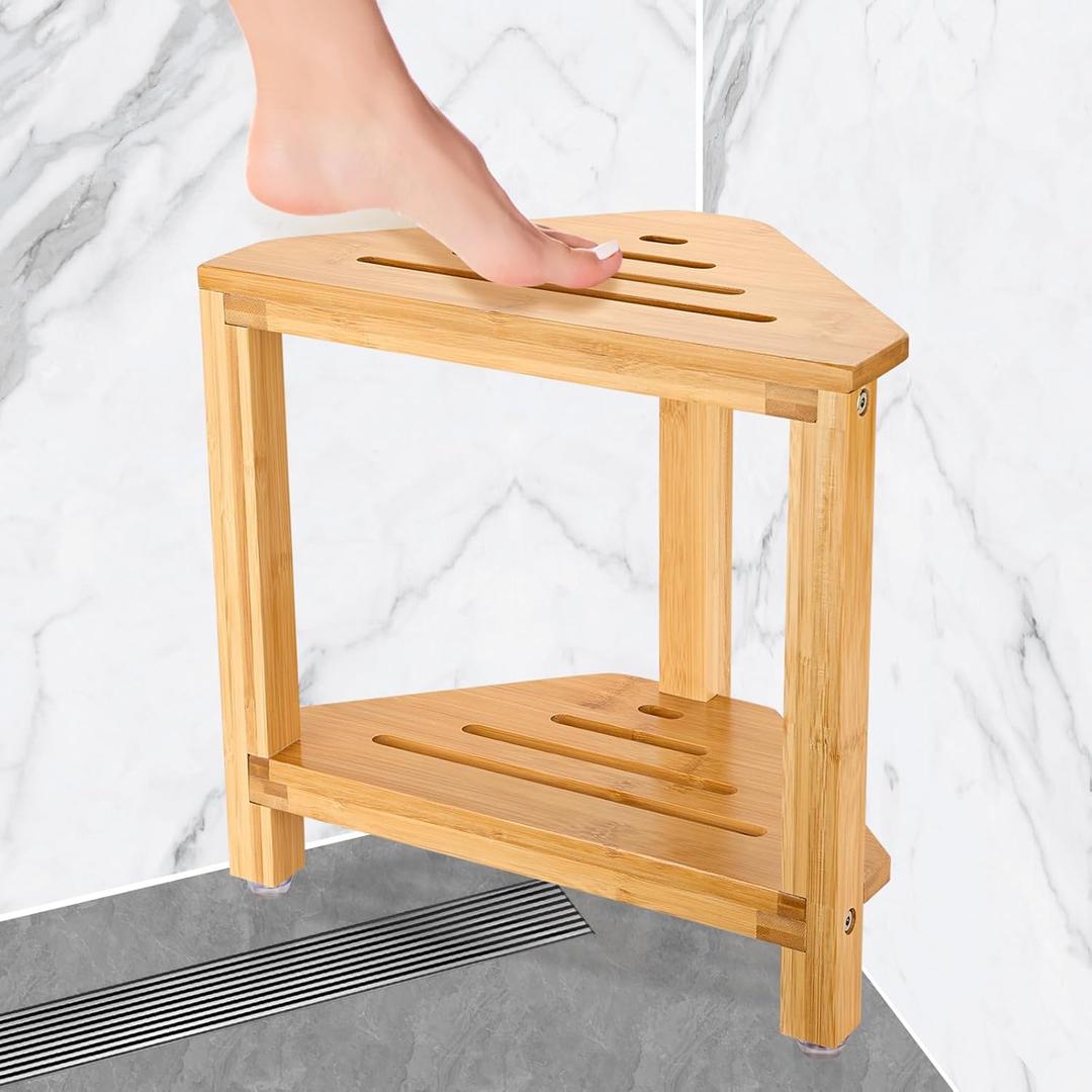 IBosins Corner Shower Stool Shower Foot Rest for Shaving Legs Small Shower Bench for Inside Shower to Sit on Bath Stool with Storage Shelf Shower Accesories - Bamboo Wood