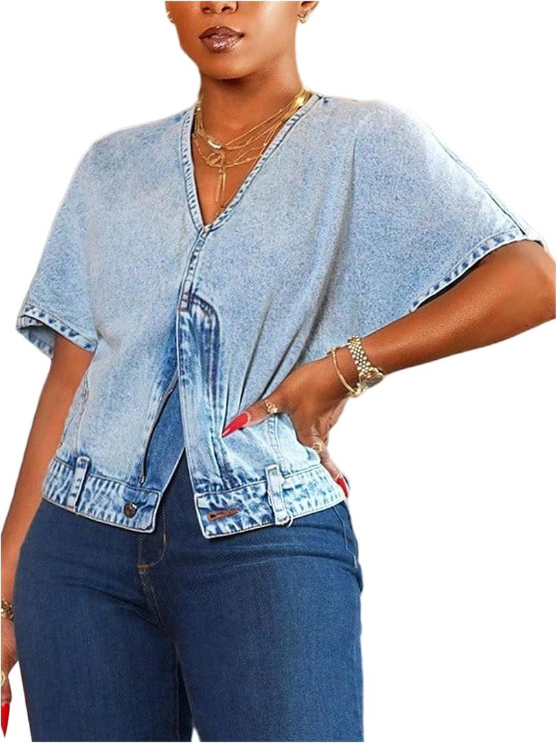 SOLY HUX Women's Denim Tops V Neck Short Sleeve Split Zipper Front Jean Shirt Blouse Pure Blue Medium