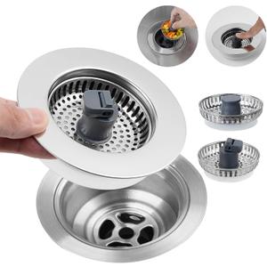 Hibbent 3 in 1 Kitchen Sink Drain Strainer, Stainless Steel Wrapped Shell Drain Stopper Combo, Pop Up Sink Stopper, 3 SUS304 Anti-Clogging Basket Strainer with Handle for US Standard 3-1/2" Drain