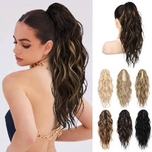 LONAI Ponytail Extension, 18" Wavy Claw Clip Ponytail Extensions Shoulder Length Curly Wavy Claw Clip in Ponytail Hair Extensions Synthetic Fake Ponytail Hairpieces - Deep Brown with Blonde Highlights