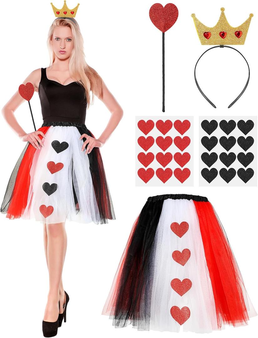 4 Pcs Queen Costume Accessory Set Queen Crown Scepter Tutu Skirt for Women Carnival Cosplay 1920s Party (Red and Black)
