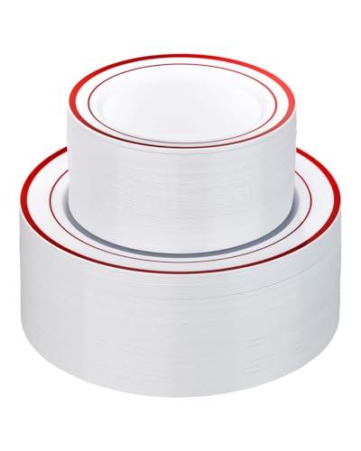 Goodluck 200 Pack Red Rim Plastic Plates - 100 Dinner Plates (10.25") & 100 Dessert Plates (7.5") - Heavy Duty Disposable White Plates with Elegant Red Trim - Premium Dinnerware Set for Wedding