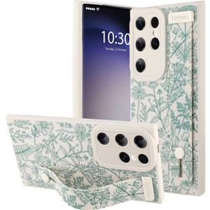 OOK Compatible with Samsung Galaxy S23 Ultra Silicone Phone Case with Strap, Cute Floral Flower Pattern for Women Girls, Adjustable Finger Strap Kickstand Slim Protective Cover, White Sage Flower