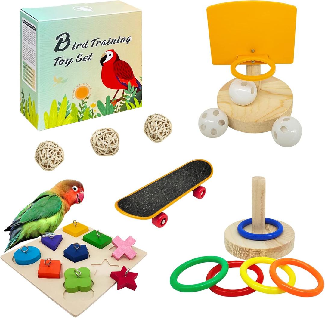 Bird Toys For Parakeets,5pcs Parrot Toys Set （Include Bird Basketball Toy、Bird Skateboard、Bird Stacking Toy、Parrot Wooden Block Puzzles Toy、Small Sepak Takraw）,Parakeet Toys、For Bird Training Toys 12