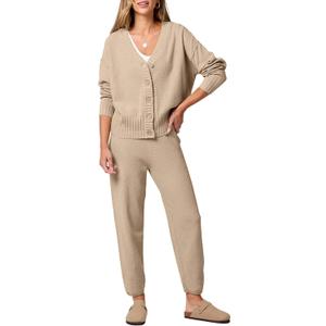 ANRABESS Women 2 Piece Lounge Sets 2025 Fall Outfits Casual Waffle Knit Cardigan Sweater Pant Set Travel Airport Clothes Khaki Small (S)