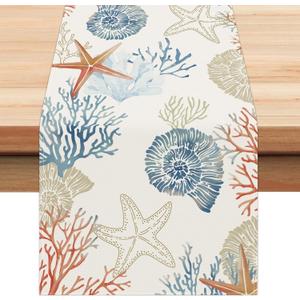 Bonhause Nautical Coastal Table Runner 13x90 Inch Ocean Themed Starfish Coral Conch Beach Kitchen Dinning Table Decoration for Indoor Outdoor Home Party Decor
