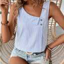 Women's Button Asymmetrical V Neck Striped Print Blouses Casual Sleeveless Tank Top Summer Shirt Tops (Blue, L)
