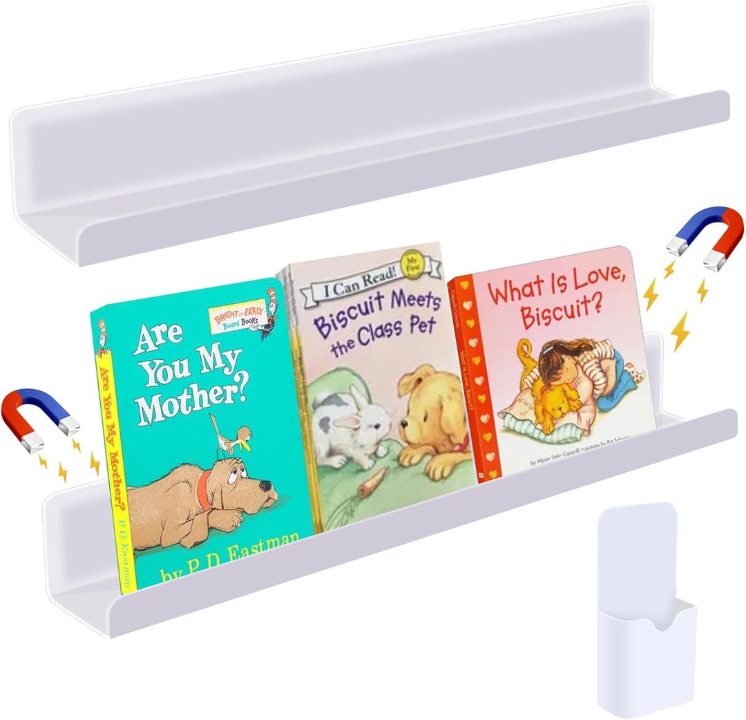 2 Pcs Magnetic Book Shelf for Whiteboard, Magnetic Book Holder Display Shelves with a Pen Container for Teacher Kids Classroom Office (White)
