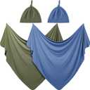 JaGely 2 Pack Baby Newborn Swaddle Blanket and Hat Set 47" x 47" Large Stretchy Receiving Blankets Set for Newborn Baby(Blue, Army Green)