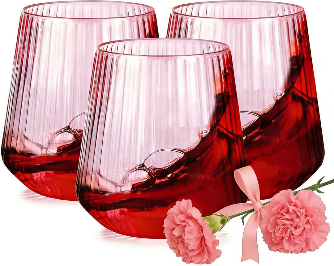 30 Pack Pink Plastic Ribbed Wine Glasses, 12 OZ Origami Stemless Disposable Wine Champagne Whiskey Glasses Unbreakable Clear Plastic Cocktail Glasses, Wine Cups for Party Wedding & Mother's Day