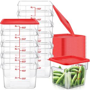 15 Sets 6 Qt Square Food Storage Containers with Lids Commercial Polycarbonate Containers Dough Proofing with Scale Clear Airtight Cereal for Pantry Home Restaurant