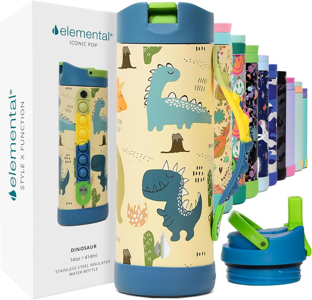 Elemental Iconic Kids Water Bottle with Straw Lid & Stress Reliever Pop It Handle, Leak-Proof When Closed, Triple Insulated Stainless Steel Reusable Thermos Water Bottle, 14oz - Dinosaur