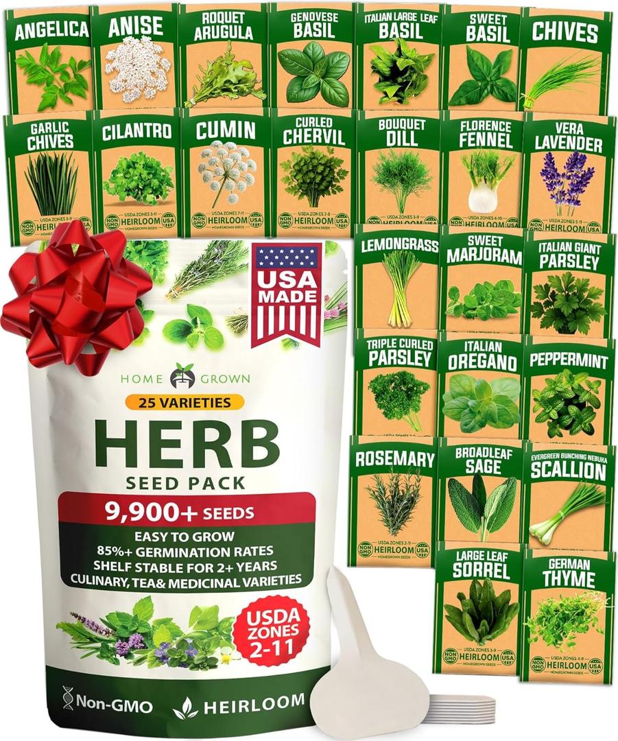 HOME GROWN 25 Herb Seeds for Planting 8,700+ Non-GMO Heirloom Seeds | Extra Large Variety Pack Herb Kit  Indoor Outdoor & Hydroponic | Culinary Seed Set | Grow Your Own Herbs | Gardening Gift