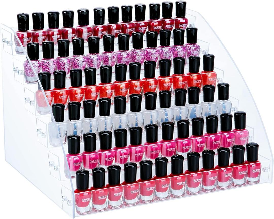 KINGROW Nail Polish Organizer Holder Rack 6 Layers Acrylic Display Shelf For Eyeglasses Essential Oils Ink Storage Holds Up to 96 (Fit 1-2oz Bottles)