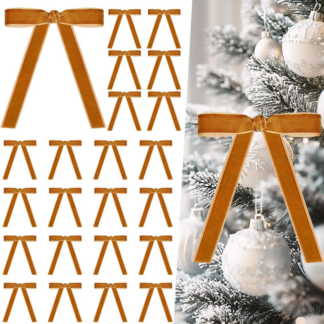 Artmag 24 Pcs Velvet Bows for Christmas Tree Rustic Bows Velvet Christmas Ornaments for Door Garland Wreath Gift Party Holiday Decoration (Width of 1 Inch,Camel)