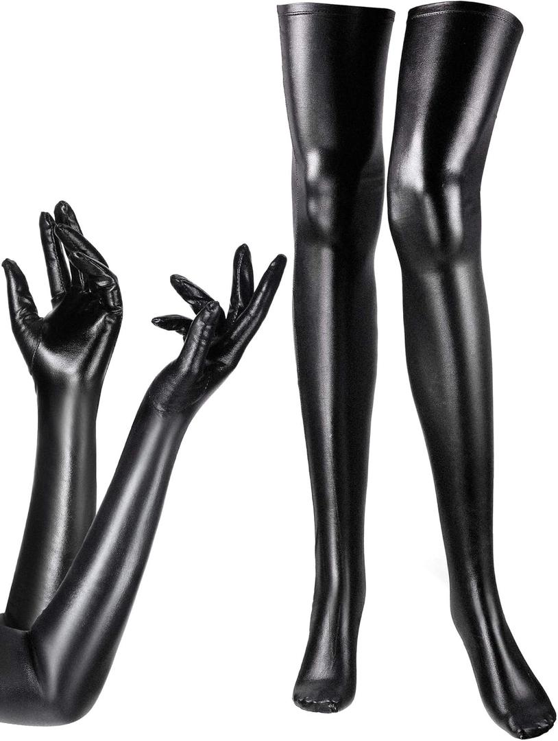 SATINIOR Women's Carnival Halloween Costume Elastic Spandex Shiny Wet Long Gloves and Thigh High Stockings (Black)
