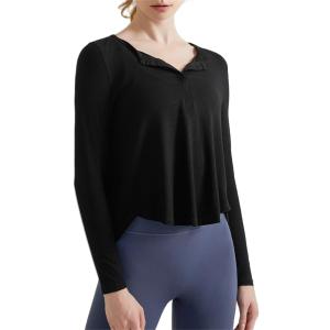 Long Sleeve Workout Shirts for Women V Neck Elastic Oversize Pullover Yoga Gym Tops Quick Dry Hiking Athletic Running Shirts (Black)