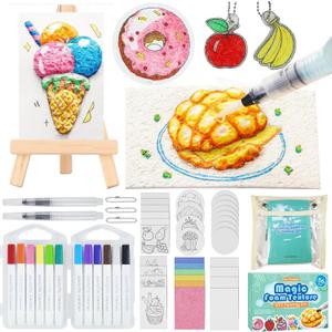 56 pcs Magic Foam Texture Painting Kit, 3D Puffy Paint Kit Including 32 Pcs Magic Foam Paper, 12 Colors Brush Tip Acrylic Paint Markers, Diy Painting Gifts For Boys And Girls' Birthday Parties