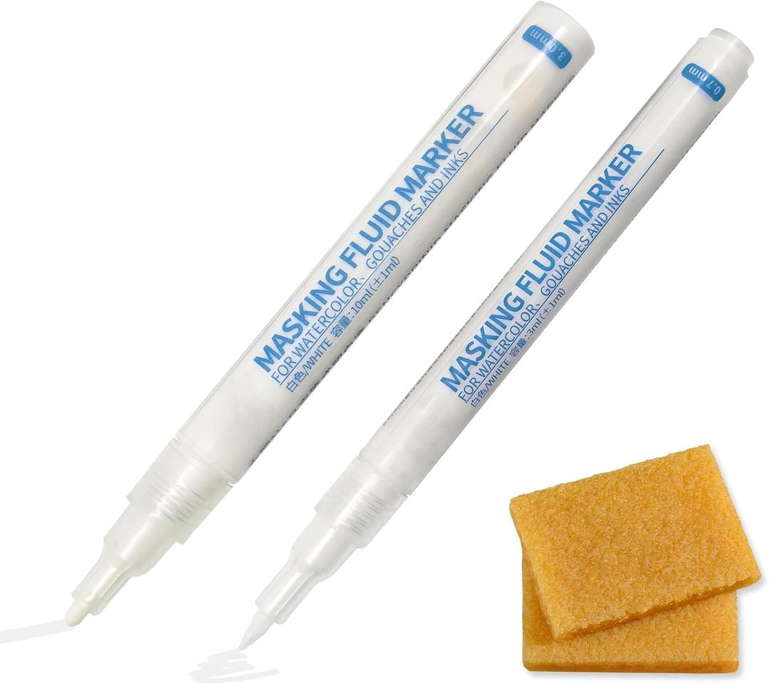 2 Pcs White Masking Fluid Pens for Watercolor Painting, 0.7mm 3.0mm Applicator Tip Markers Set with 2 Cleaning Erasers, Art Masking Fluid Pen Watercolor Medium Art Supplies for Artists