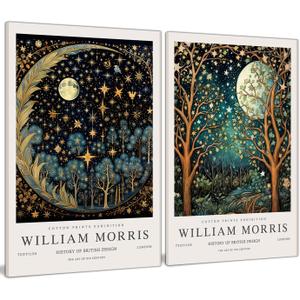 William Morris Canvas Wall Art Set of 2, Vintage Moon & Stars Posters Prints Painting Art, Framed Botanical Art Wall Decor for Bedroom Kitchen Living Room Office 12x16 Inch