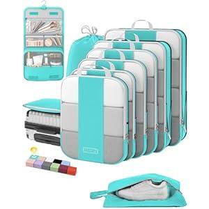 10 Set Compression Packing Cubes for Travel Essentials, Compressible Expandable Packing Cubes for Suitcase, OlarHike Luggage Organizer Bags for Travel, Handy Helper for Organizing Clothes(Cyan) 