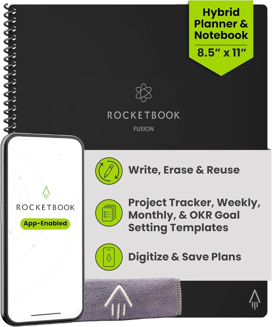 Rocketbook Fusion Hybrid Reusable Planner and Notebook in One, Additional Blank Pages, Goal and Project Tracker, Undated Planner, Letter Size 8.5x11, Black (Pack of 1)