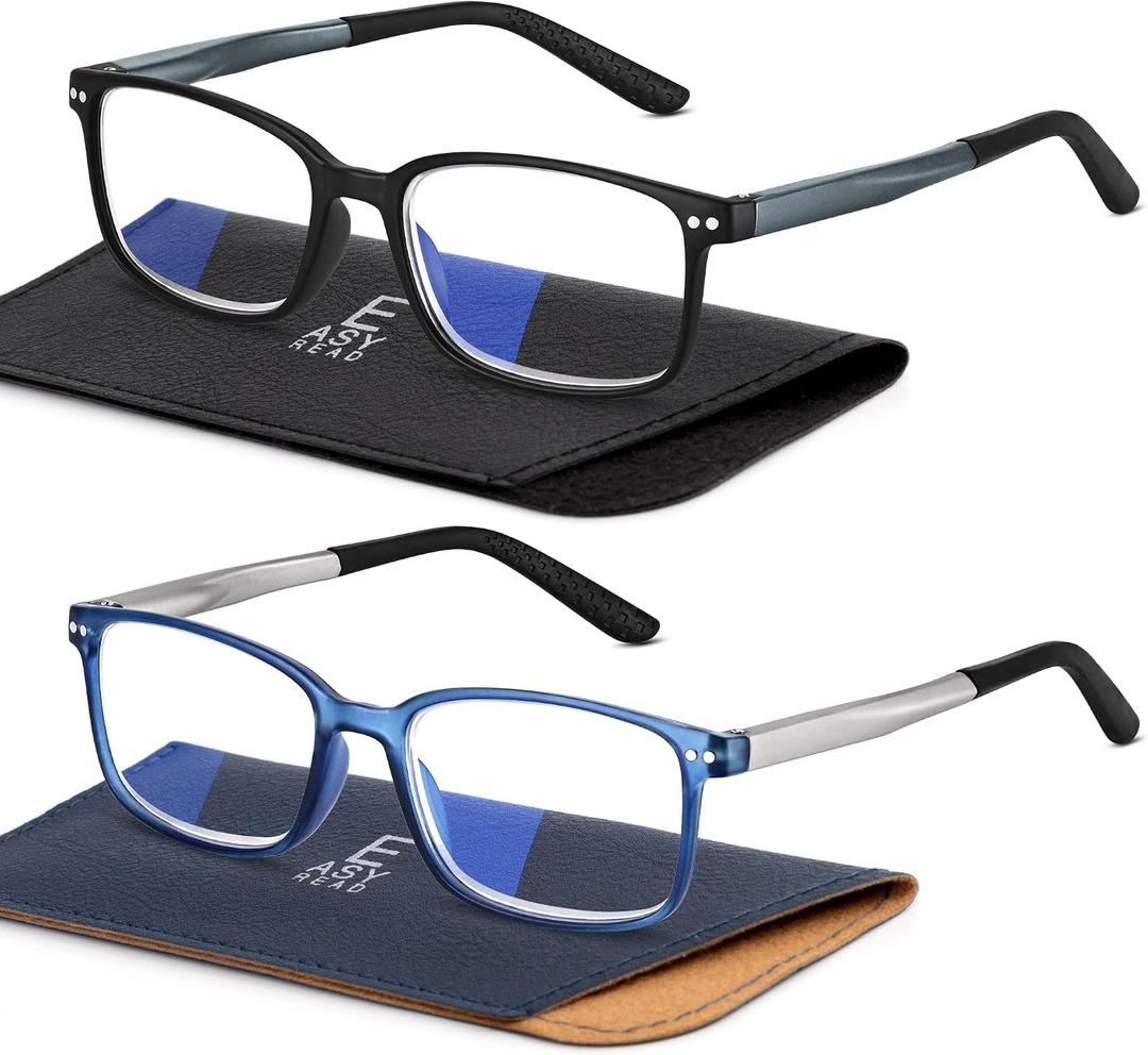 EASY READ 2 Pairs Sporty Style Reading Glasses for Men，Rectangular TR90 Blue Light Blocking Readers with Spring Hinge(Magnification 1.00,Black/Blue)