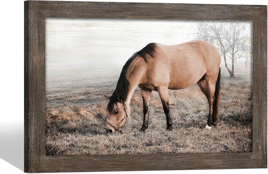 Horse Wall Art Decor Bedroom: Wild Animal Wood Framed Picture Brown Horse on Grassland Print Artwork Vintage Wildlife Painting for Farmhouse Living Room Kitchen