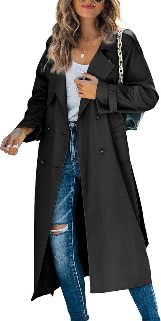 Makkrom Women's Double Breasted Long Trench Coat Windproof Classic Lapel Slim Overcoat with Belt (Black, L)