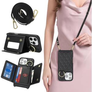 for iPhone 16 Pro Max Case with Card Holder and Strap for Women,Crossbody Lanyard, Make Up Mirror,Ring Stand,Snap Clasp,Cute Phone Wallet Cases 6.9 inch - Black