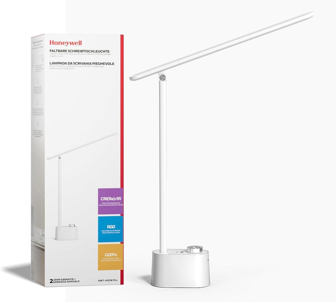 HONEYWELL Upgraded LED Desk Lamp - H01 Pro Sunturalux Foldable Desk Light with USB A+C Charging Port, 3 Color Modes Dimmable Table Lamp for Home Office Reading(White)