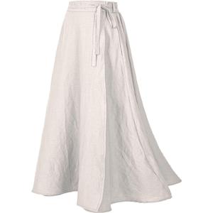 Women's Linen Wrap Skirt Casual Maxi Skirt Vintage A line Linen Skirt (White, M)
