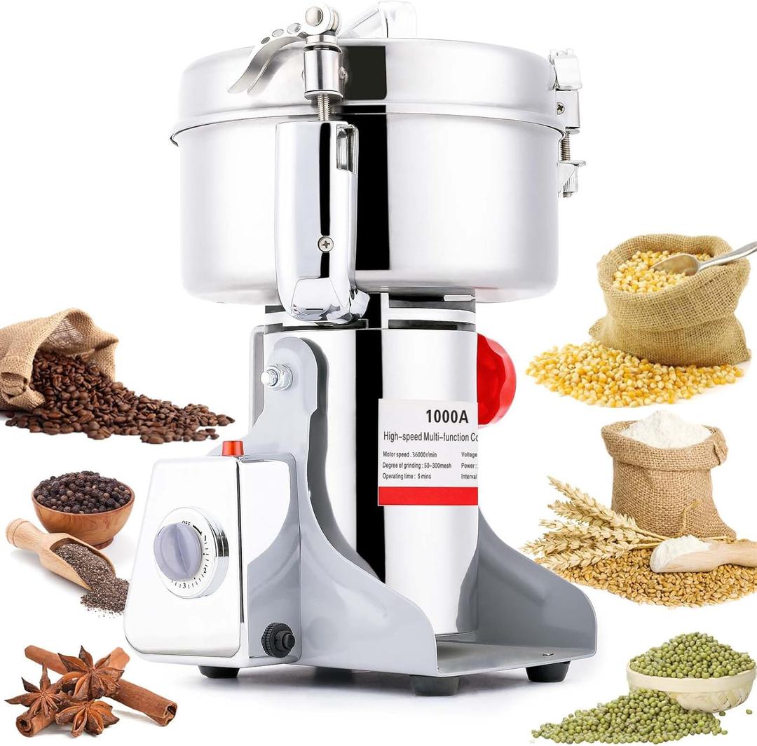 Electric Grain Mill Grinder 1000g Stainless Steel Pulverizer 36000r/min High-speed Grain Mill 2600W Dry Material Grinding Machine 270 swingable Superfine powder for Home and Commercial