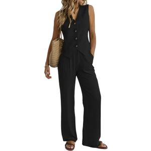 Women's 2 Piece Outfits Linen Vest Waistcoat Dressy Casual Sets Wide Leg Pants Suits (Black) Small 