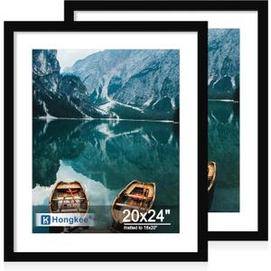 Hongkee 20x24 Frame Set of 2, Black Wood Style - Display 16x20 Picture with Mat or 20 x 24 Poster without Mat, Wall Mounting Horizontal and Vertical