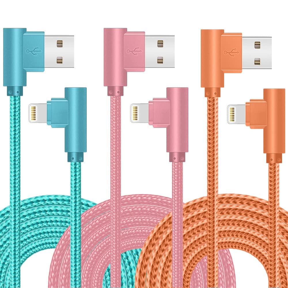 Lightning Charger, 3 Pack 6FT 90 Degree Charging Cable MFi Certified USB Lightning Cable Nylon Braided Fast Charging Cord Compatible for iPhone 14/13/12/11/X/Max/8/7/6/6S/5/5S/SE/Plus/iPad (6FT)