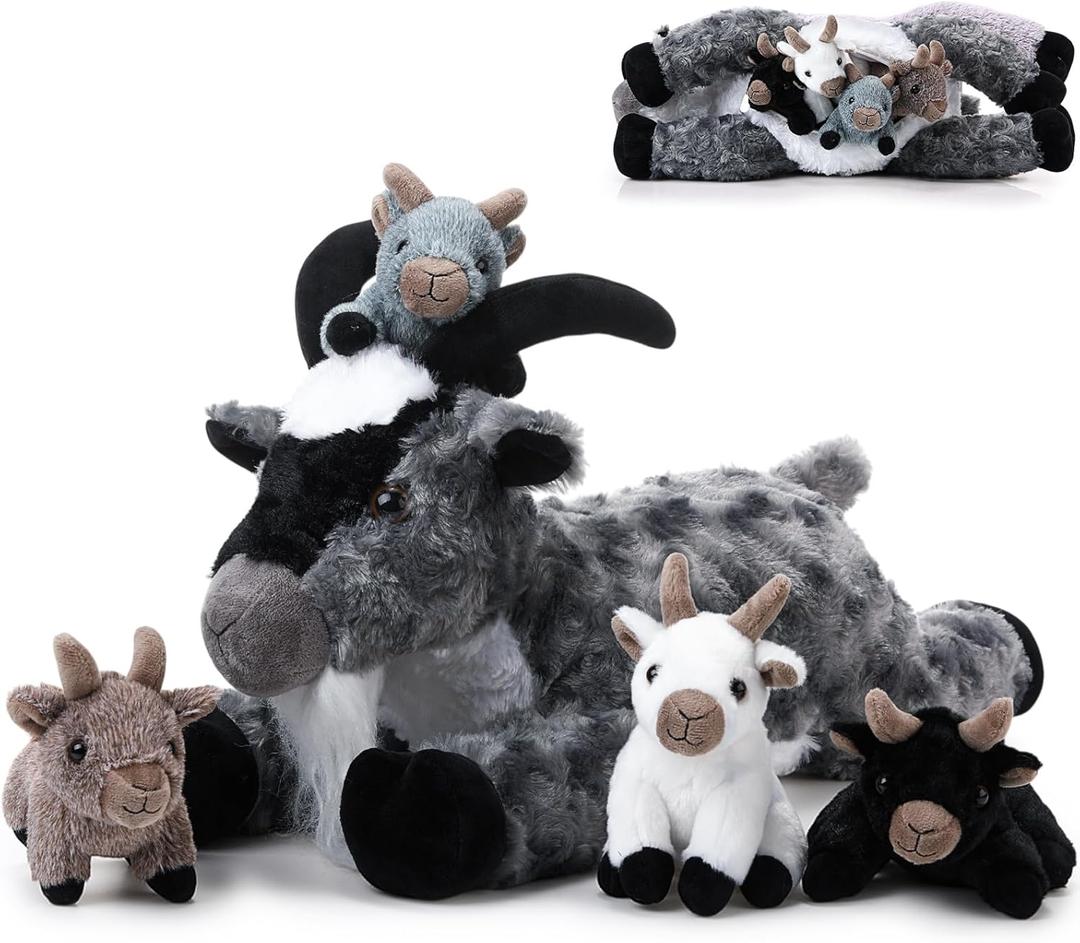 HyDren 5 Pcs Stuffed Goat Plush Toy Set 18 Inch Mommy Goat Stuffed Animal with 4 Babies Plushies in Her Tummy Soft Farm Plush Pillow Gifts for Kids Christmas Birthday Party Favor(Dark Grey)