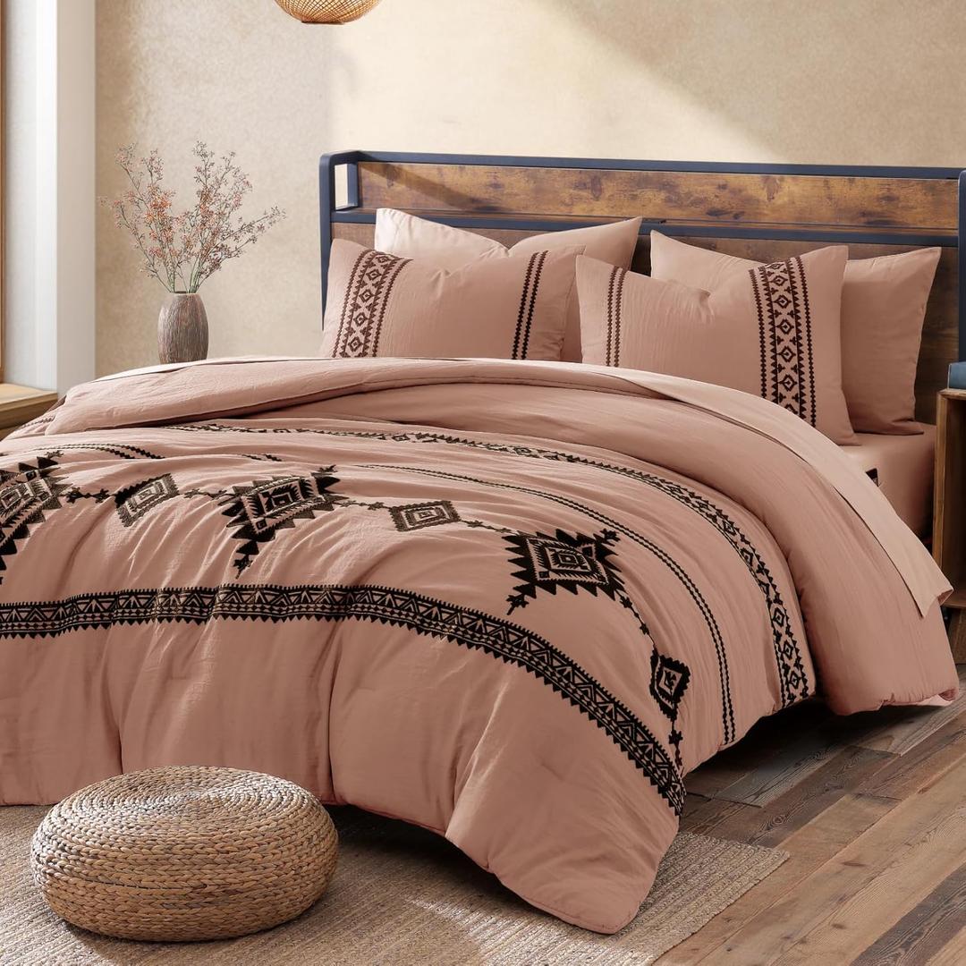 MaiRêve Embroidery Comforter Set, Boho Farmhouse Western Bedding Set, All Season Bed in A Bag Comforter Set with Sheets, Pillowcases & Shams, Dusty Pink King 7 Pieces