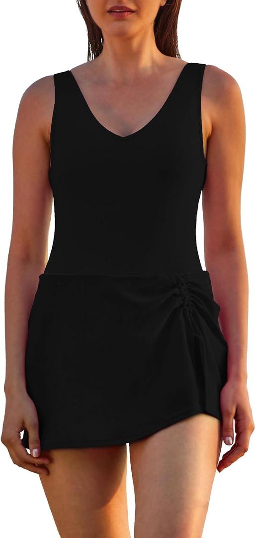 Ormark One Piece Swimdress Swimsuits for Women Tummy Control Vintage One Piece Swimsuit with Skirt Slimming Bathing Suit Long Torso One Piece Swim Dress Modest Swimwear Black, Small
