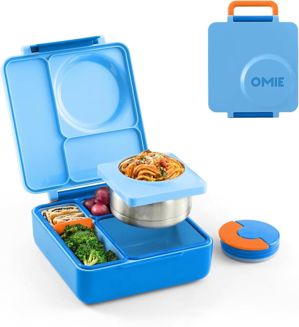 OmieBox Bento Box for Kids - Insulated Bento Lunch Box with Leak Proof Vacuum Insulated Food Jar - 3 Compartments, Two Temperature Zones (Blue Sky) (8.5 Ounces)