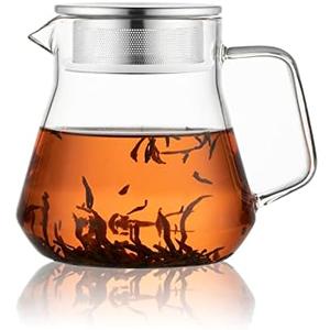 CNGLASS One-Touch Glass Teapot with Stainless Steel Filter Lid,20oz(600ml) Glear Tea Kettle Stovetop Safe,Borosilicate Glass Tea Pots for Loose Leaf Tea
