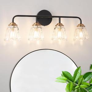 4-Light Vintage Vanity Light, Black and Gold Bathroom Vanity Light Fixtures Over Mirror, Elegant Bathroom Light Fixtures with Clear Glass Shade, Wall Sconce Lighting for Bedroom, Living Room