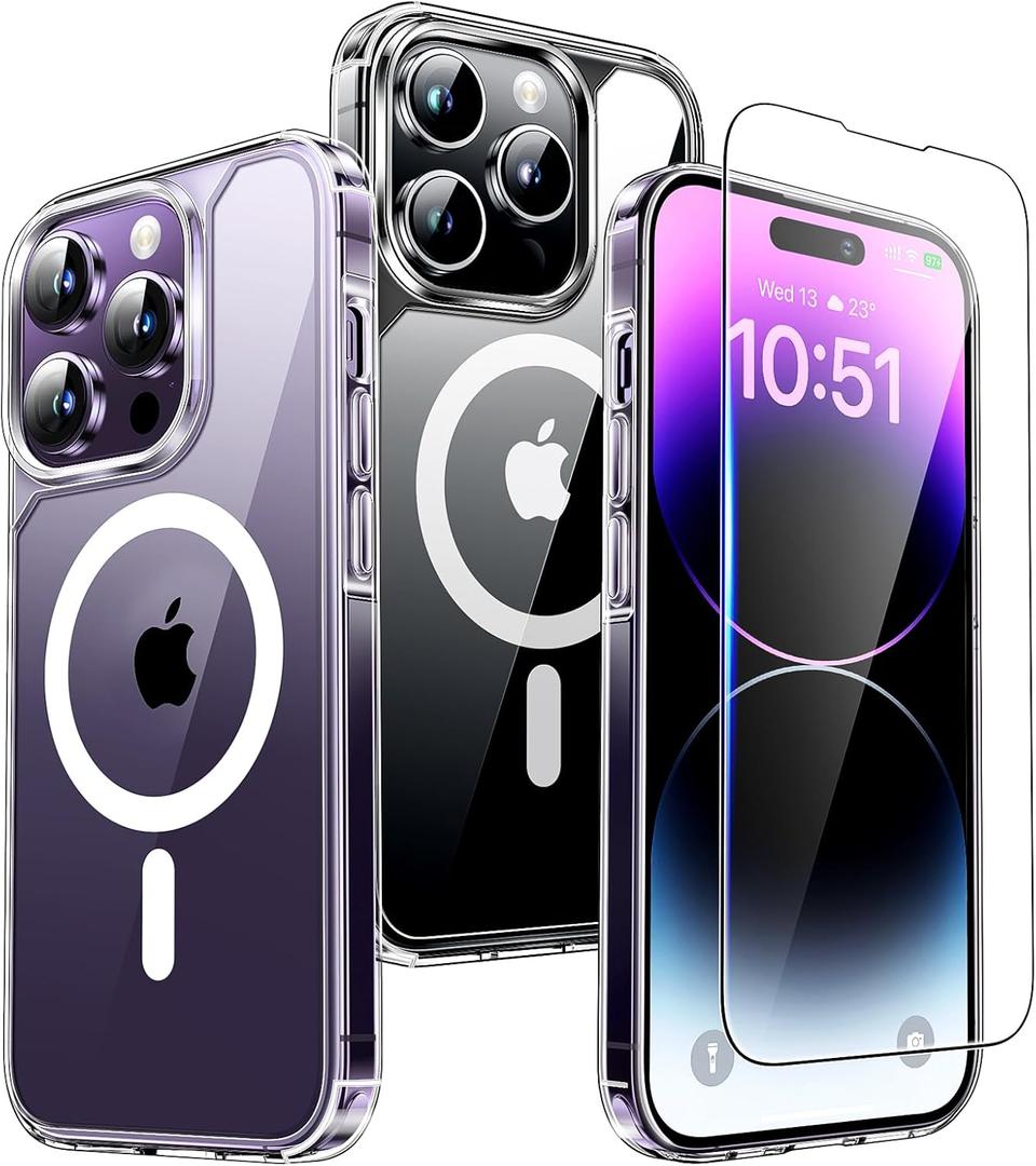 2 x TAURI 2 in 1 for iPhone 14 Pro Max Case, Compatible with MagSafe [Not-Yellowing] with Screen Protector, Military-Grade Protection, Magnetic Case for iPhone 14 Pro Max 6.7", Clear