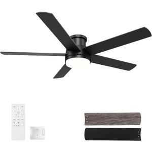 52 Inch Black Ceiling Fan with Light, Flush Mount and Remote Control, Dimmable 3-Color Temperature LED, 6-Speed Reversible DC Motor, 5-Blade Modern Design for Indoor or Outdoor