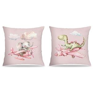 FITIE Cute Elephant Dinosaur Nursery Pillow Covers 18x18, Pink Nursery Decor Decor, Cute Baby Animal Airplane Decorative Throw Pillow Covers for Kids Girls Bedroom Nursery Playroom, Set of 2