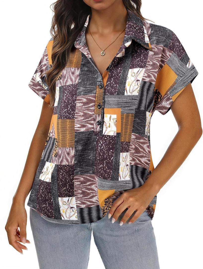 Bebonnie Women's Button Down Shirts Short Sleeve Dress Shirts Collared Work Office Blouses (Brown)