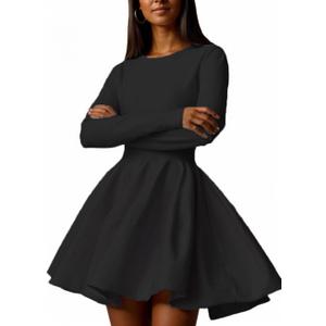 CHARTOU Women Basic Sweater Dress Long Sleeve Pleated Flared Knitted Short Dresses (Large, Black)