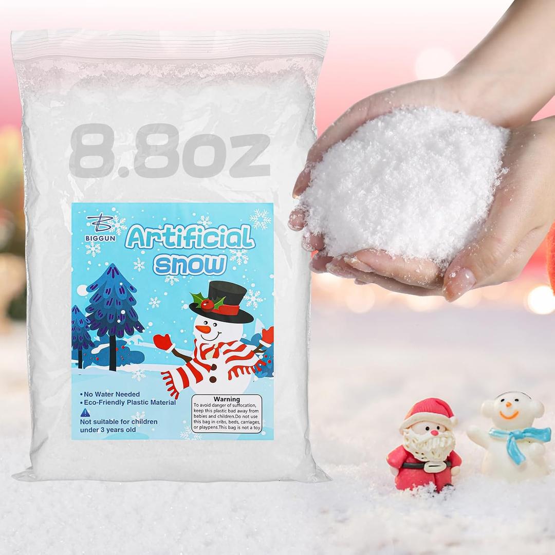 Biggun 8.8 Oz Water-Free Fake Snow Christmas Village Decorations, Lifelike Fire-Resistant Dry Faux Snow for Winter Wonderland Decorations