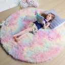 Amdrebio Rainbow Fluffy Round Rug 5Ft Kids Rugs for Girls Bedroom, Unicorn Room Decor, Colorful Pastel Shag Carpet for Playroom Baby Nursery, Cute Furry Kawaii Circle Area Rug for Toddler Princess