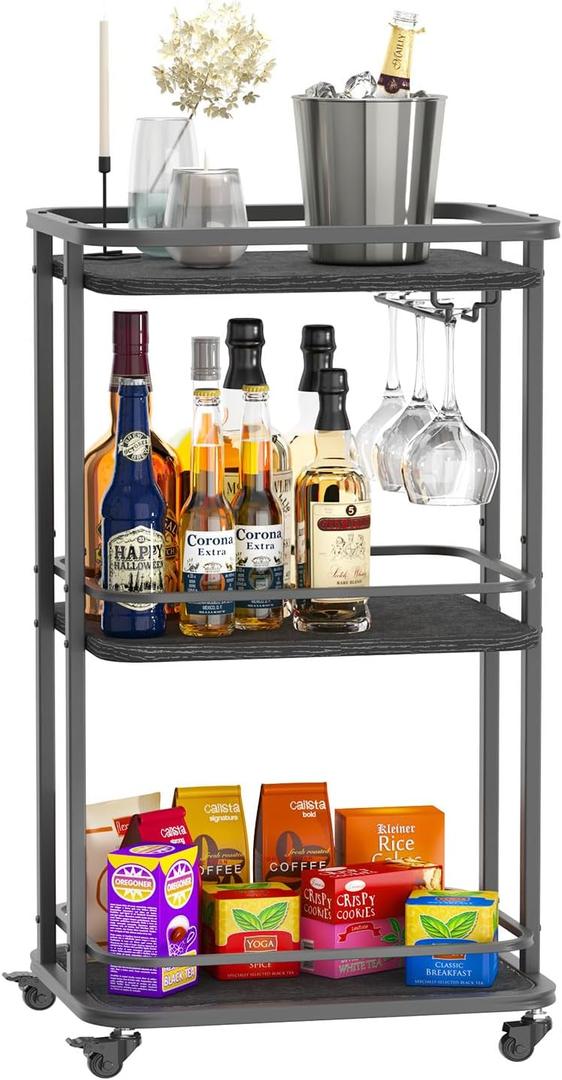 IBUYKE 3-Tier Home Bar Serving Cart,Kitchen Storage Carts with Wheels,11.79x15.72x33.01 inches,Rolling Mini Bar Cart for Home, Outdoor, Kitchen, Bedroom TMJ319B (Black)